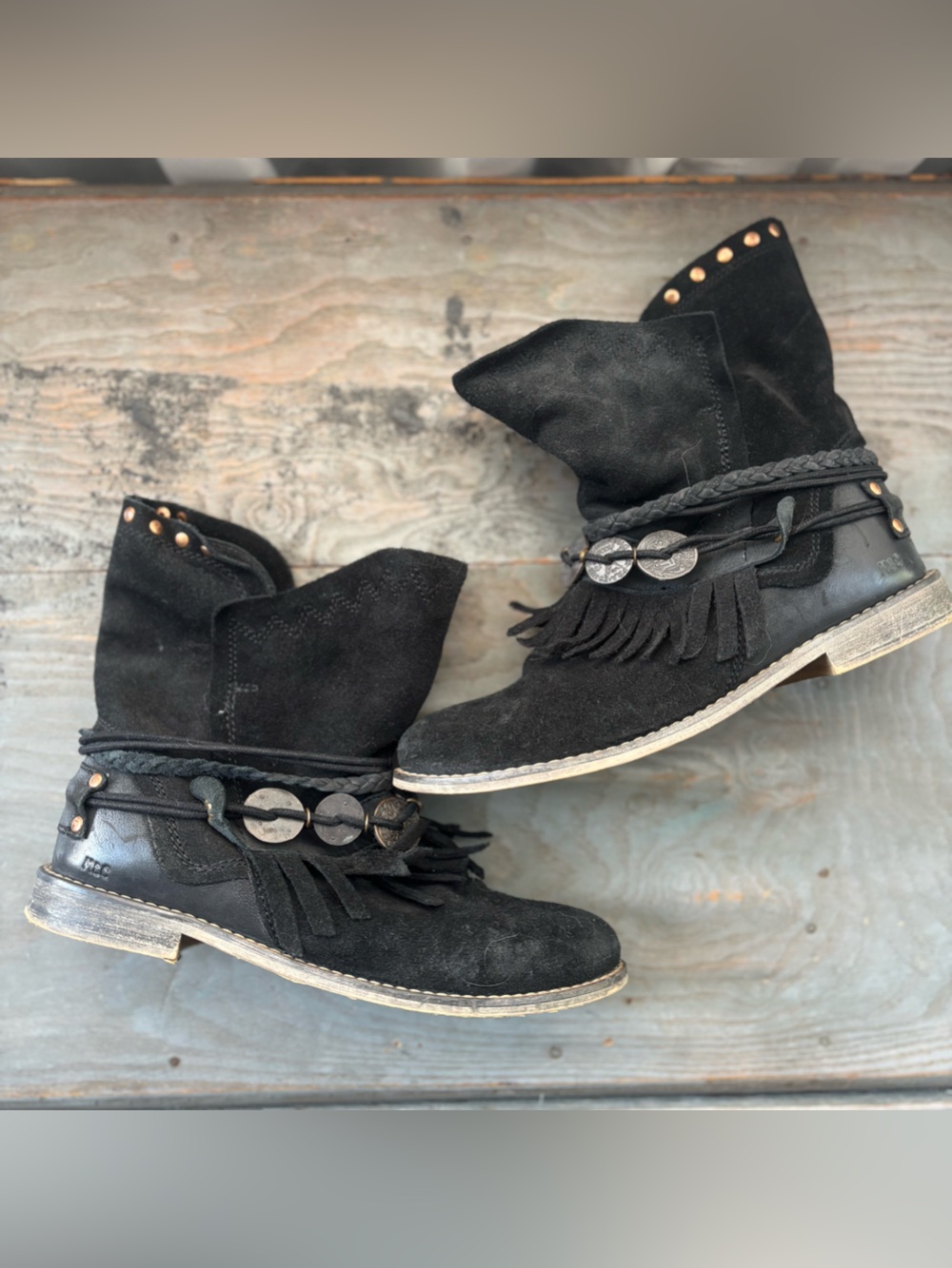 Musse & Cloud Black Suede Fringe Ankle Boots with Studs | size 8